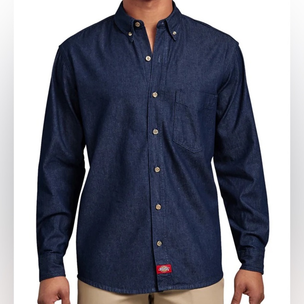 Genuine Dickies Long Sleeve Button-down Dark Blue Denim Men’s Work Shirt - Large